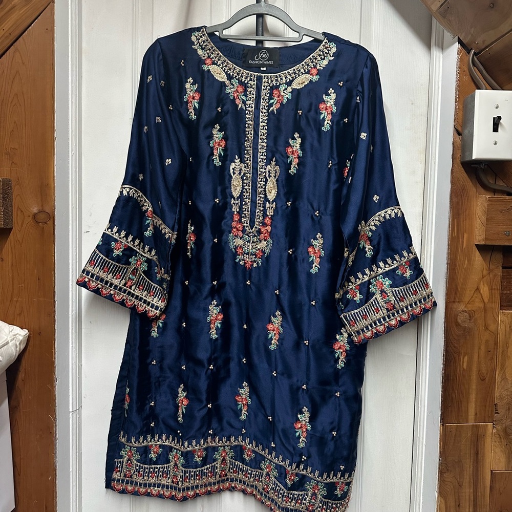 Pakistani Indian Kurta Blue Silk